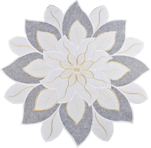 Embroidered Holiday Christmas White and Gold Star Poinsettia Doily Place Mat Small Table Topper (23 Inch Round)