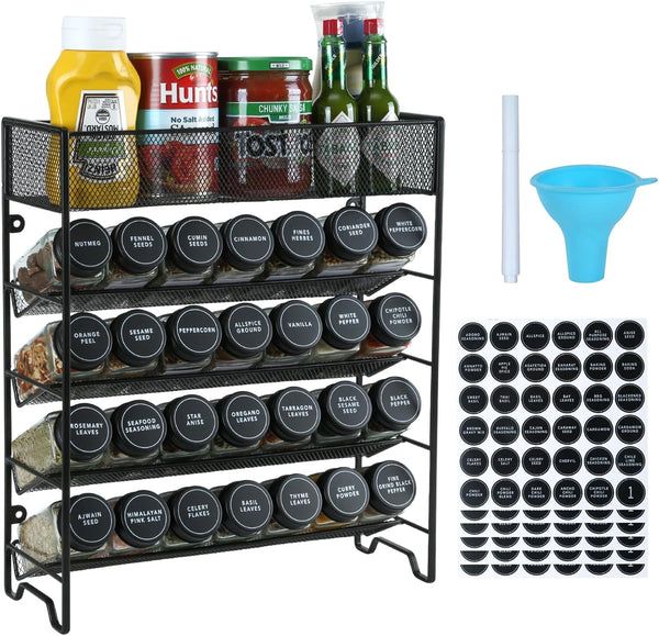 Skiileor Spice Rack Organizer with 28 Spice Jars, Black LidsSpice Labels, Chalk
