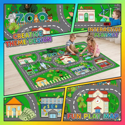 2.5x4 Car Rug Play Mat - Green Road Rug for Kids Boys Room, Fun Race Track Traffic Road Carpet for Boys Playmat