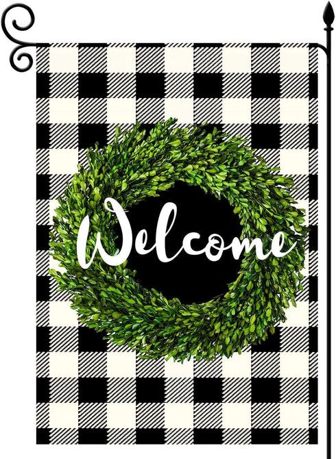 Welcome Boxwood Wreath Garden Flag, Double Sided Vertical, Buffalo Check Plaid Rustic Farmhouse Decoration