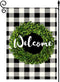 Welcome Boxwood Wreath Garden Flag, Double Sided Vertical, Buffalo Check Plaid Rustic Farmhouse Decoration