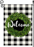 Welcome Boxwood Wreath Garden Flag, Double Sided Vertical, Buffalo Check Plaid Rustic Farmhouse Decoration