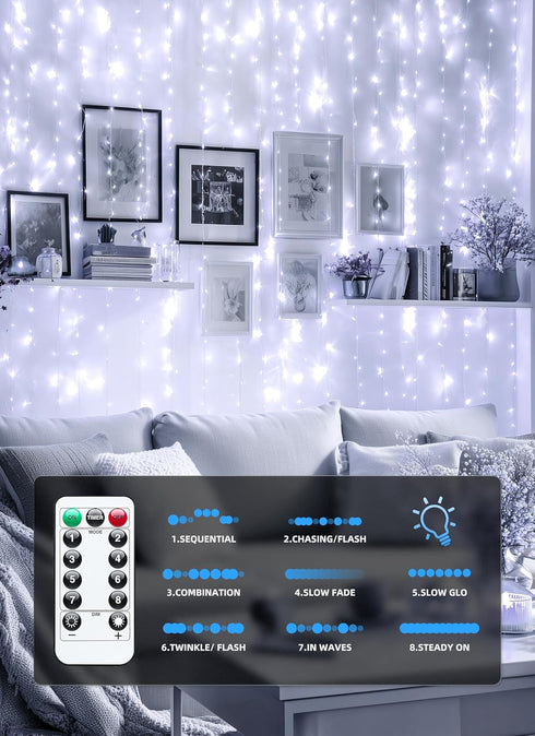 300 9.8ft 9.8ft 8 1 Pack Brightown LED Fairy Curtain Lights, x String Lights, USB Plug in Lighting Modes Christmas