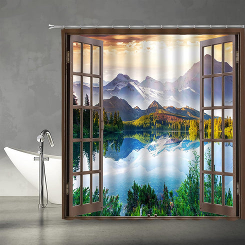 AMFD Mountain Shower Curtain Nature Lake Forest Scenery Wilderness Sunrise Landscape Through Brown Window Picture Art Print Fabric Bathroom Decor Set Include Hooks,(70" WX70 H) by AMFD