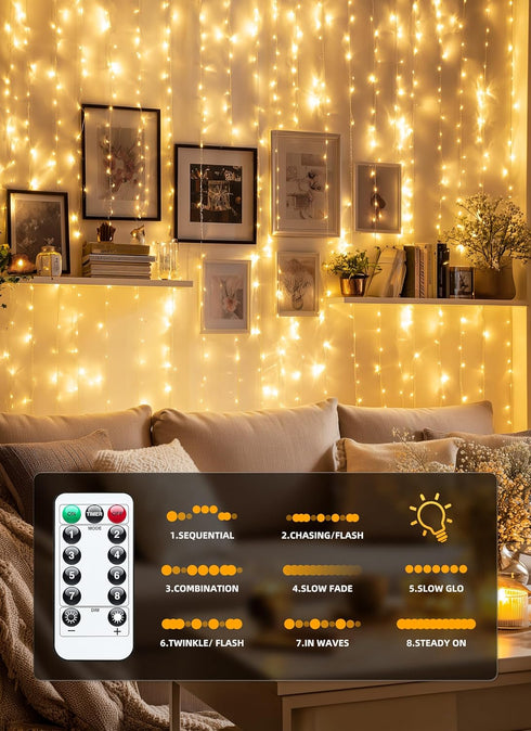 300 9.8ft 9.8ft 8 Brightown LED Fairy Curtain Lights, x Warm White Curtain String Lights, USB Plug in Lighting Modes