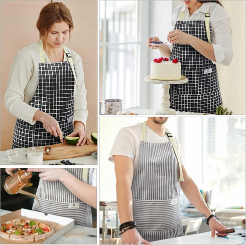 NLUS 2 Pack Kitchen Cooking Aprons, Adjustable Bib Waterproof Chef Apron with 2 Pockets (Grey Stripe/Black Plaid)