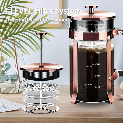 French Press Coffee Maker, 304 Stainless Steel, 4 Filters System, Heat Resistant Borosilicate Glass