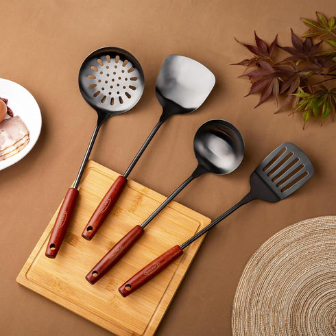FJNATINH 4-Pieces Professional Wok Utensils Set for Carbon Steel, Wooden Handle Skimmer, Soup Ladle, Slotted Turner,