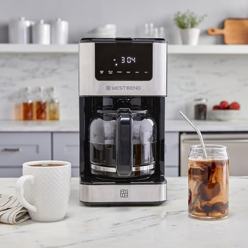 Programmable 6 12-Cup, West Bend Drip Coffee Maker Brews Hot or Iced, with Brew Strength Selector Auto Shut-Off