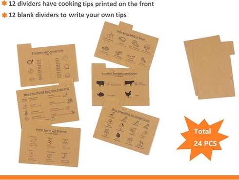 Recipe Card Dividers 4x6 with Tabs (Set of 24) - Printed Cooking Tips Recipe Box Dividers Made of Thick Cardstock