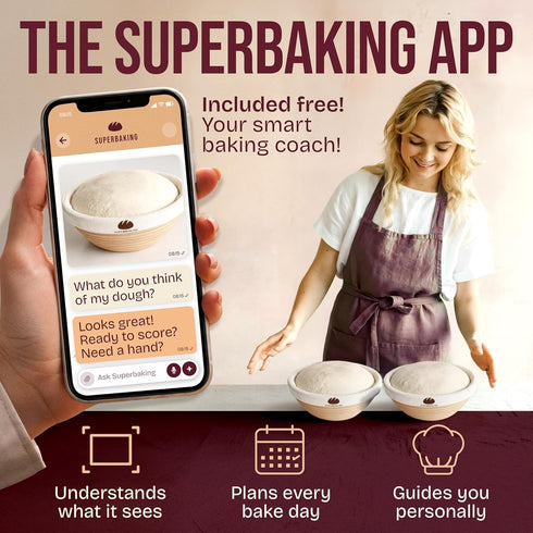 2 9" Superbaking pcs Banneton Bread Proofing Basket, Splinter-Free Round Rattan Bread Basket with Liners, Sourdough