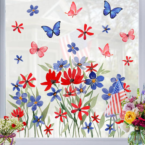 Mfault 4th of July Summer Wild Flower Patriotic Window Clings, 4 Sheets Red Blue Floral Butterfly USA Stickers for Decor