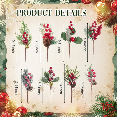 WILLBOND 24 Poinsettia Pcs Artificial Christmas Tree Picks Red Berry Pine Picks Spray Berry Branches Holly Pine Flower