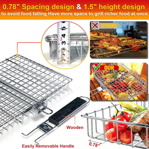 WHALERISE 6pcs,Basting Grill Basket for Outdoor Grill, Stainless Steel Grilling Basket with Foldable Handle, Portable