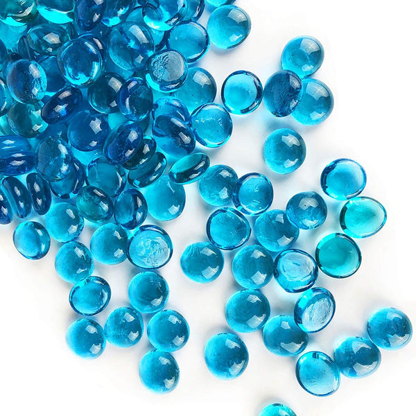 CYS EXCEL Light Blue Glass Gemstone Beads Vase Fillers (1 LB) Flat Marble Beads for Aquarium Decor, Floral Stones