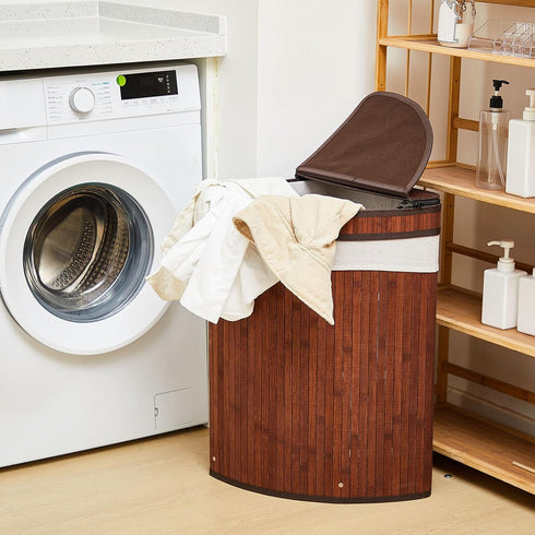 Gueevin Corner Laundry Hamper with Lid, 2 Removable Cloth Liners, Bamboo Corner Basket for Bedroom Bathroom Storage