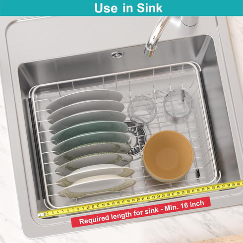 iPEGTOP Expandable Multifunctional Dish Drying Rack, Over The Sink or On Counter Dish Drainer with Black Utensil Holder