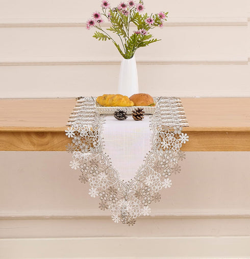 Winotic 90 inches 16 90) White Beige Floral Lace Table Runner Dresser Scarf Long for Kitchen Dining Coffee Table