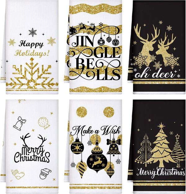 Hosuly 6 Pcs Gold Christmas Kitchen Towels Decorative Dish Towel Decor Elk