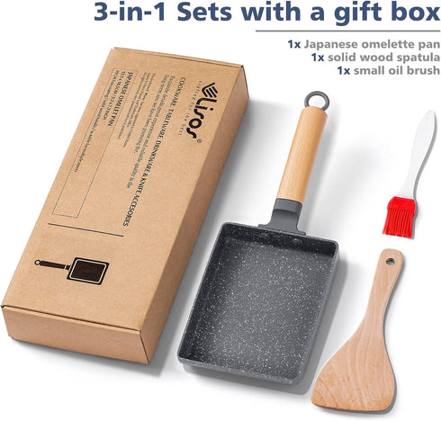 Tamagoyaki Pan, Square Japanese Omelette Pan, Non-Stick Egg Roll Pan with Wood Handle & Silicone Brush