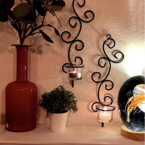 Set 2, 2 Lilys Home Deco Swirl Wall Sconce Tea Light Candle Holders, Steel, Black, of with Clear Glass Tealight Candle