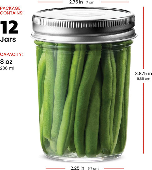 Glass Regular Mouth Mason Jars, 12 Pack, 8 Ounce Jars with Silver Metal Airtight Lids for Food Storage