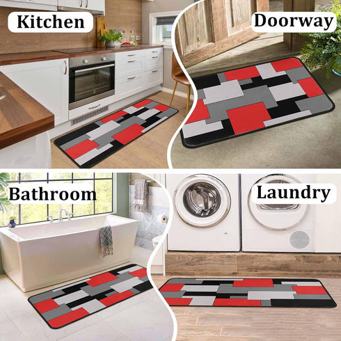 Set 2- 17x47.2 17x30 inches Kitchen Rugs of Red, Black, and Grey Modern Geometric Non-Slip Washable Floor Mats