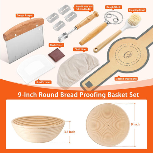 Set, 9'' P&P CHEF Complete Sourdough Starter Kit, Sourdough Bread Baking Supplies Round Bread Proofing Basket