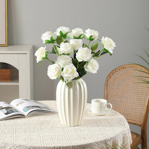 Tifuly White Roses Artificial Flowers, 12 pcs Realistic Single Long Stem Fake Silk Roses Bouquet for Home Wedding Decor