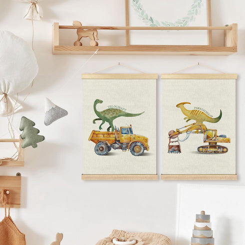 Set 2, 12x16 Inches BCUANGD Dinosaur and Construction Truck Wall Decor - Dinosaur Dino Poster Hanger with Wood Frames