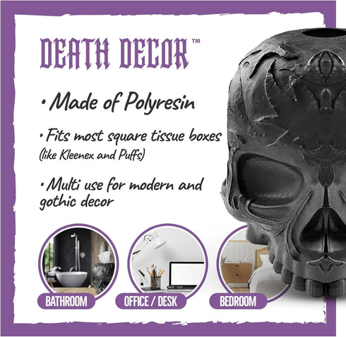Skull Tissue Box Cover Square Black, Gothic Home Decor, Fits Most Square Tissue Boxes, Office Desk Organizer
