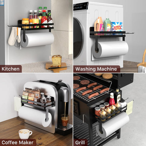 2 ZUNTO Magnetic Paper Towel Holder for Fridge, Black Kitchen Organizer with Towel Roll Holder, Spice Shelf and Hanging