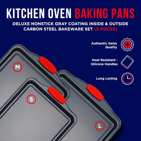BAKKEN Nonstick Cookie Sheets for Baking, 3-Piece Stackable Carbon Steel Baking Sheet Set