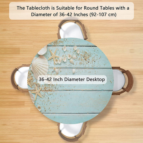 Beach Fitted Round Table Cloth, Summer Wood Starfish Outdoor Table Cover with Elastic Edge (Fit for 40"-44" Tables)
