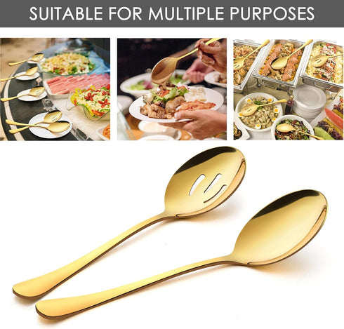 LIANYU 8 Pack Gold Serving Spoons, 8 3/4 Inch Stainless Steel Slotted Utensils for Catering