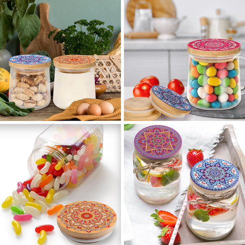 12 12 Jars(2.64 Inches) Uiifan Pcs Yogurt Jar Lids Reusable Bamboo Wooden Mandala Pattern Lids Compatible with Oui