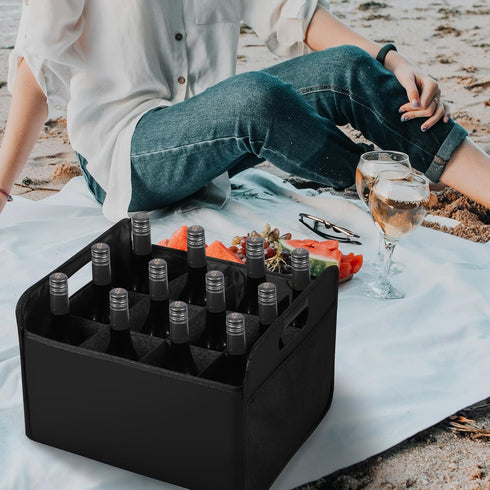12 Bottle Wine Carrier - Collapsible Premium Felt Tote with Handles for Travel, Party, Picnic, Black