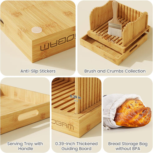 6.4H 10W, 3 Settings, Gobam Adjustable Bamboo Bread Slicer, Fits Bread up to & Extra-Large & Tall Design for Sourdough
