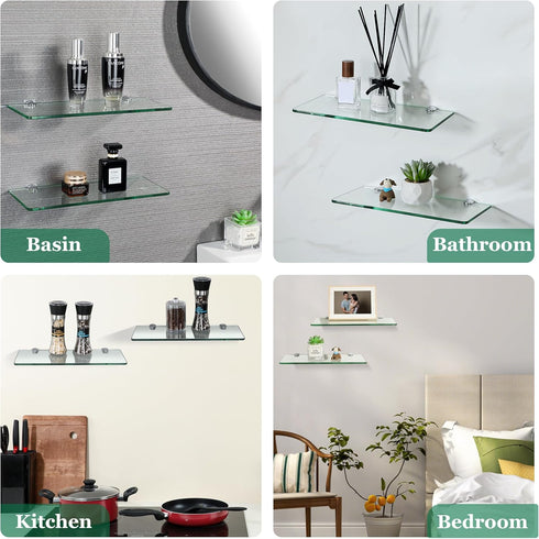 12 Inch Set 2, SAYAYO Glass Floating Shelves for Wall, Tempered Glass Shelves for Bathroom, Living Room, Bedroom