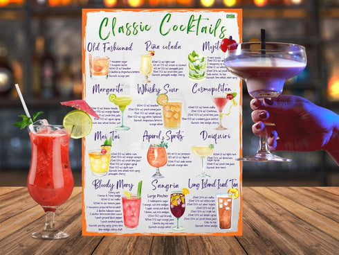 Classic Cocktails Recipes Magnetic Chart A4 Format - Kitchen Pub Wall and Fridge Decor