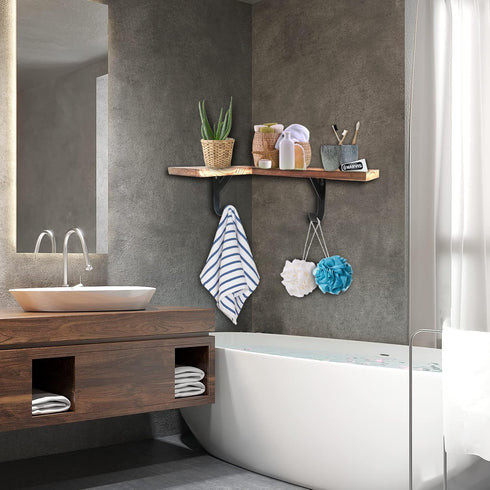 16 Inch Set 2 HAO Floating Corner Wall Shelves Rustic Wood Mounted Shelving L Shape Shelf with Cable Wire Hole Pattern