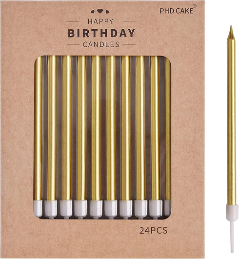 PHD CAKE Gold Long Thin Metallic Birthday Candles - Cake Decorations for Birthday Parties and Weddings