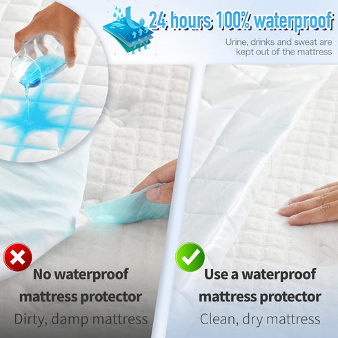 HYLEORY King Size Waterproof Mattress Pad Protector, Breathable Quilted Noiseless Fitted Sheet Up to 21", White