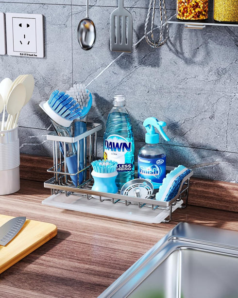 Consumest Sink Caddy, Kitchen Sponge Holder + Dish Brush Holder with Drip Tray for Countertop, Stainless Steel Rustproof