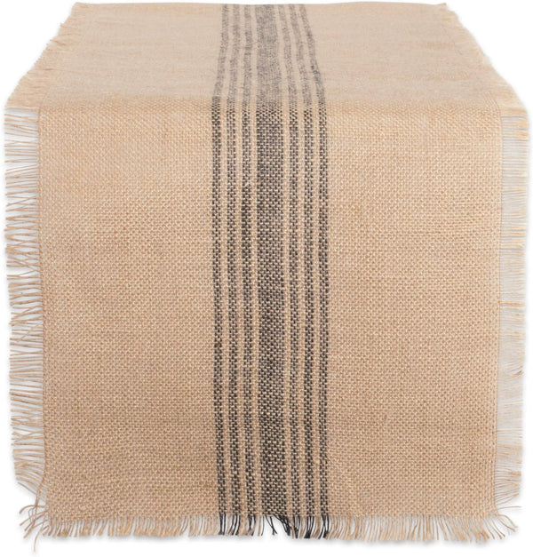 DII Jute Burlap Collection Table Runner, 14x108, Kitchen Tabletop with Middle Stripe Gray