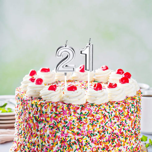 21st Birthday Cake Candles - Happy Birthday Numeral Topper Decoration for Wedding Anniversary Celebration (Silver)