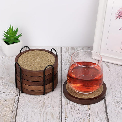 6 Pack 4.3 Inches Mckanti Wood Coasters for Drinks with Cotton Coasters Insert, Wooden Coasters with Holder for Coffee