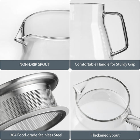 CNGLASS One-Touch Glass Tea Maker, 20oz (600ml) Glass Teapot with Stainless Steel Filter Lid