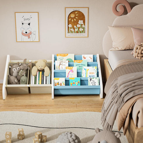 4-Tier Polegas Montessori Kids Bookshelf - Toddlers Bookshelf with Tear-Proof Oxford Sling, Book Shelf for Kid Rooms