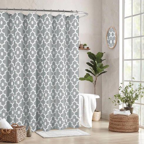 Biscaynebay Extra Long Textured Fabric Shower Curtains 72" W x 84" L, Silver Grey Morocco Pearl Printed Luxury